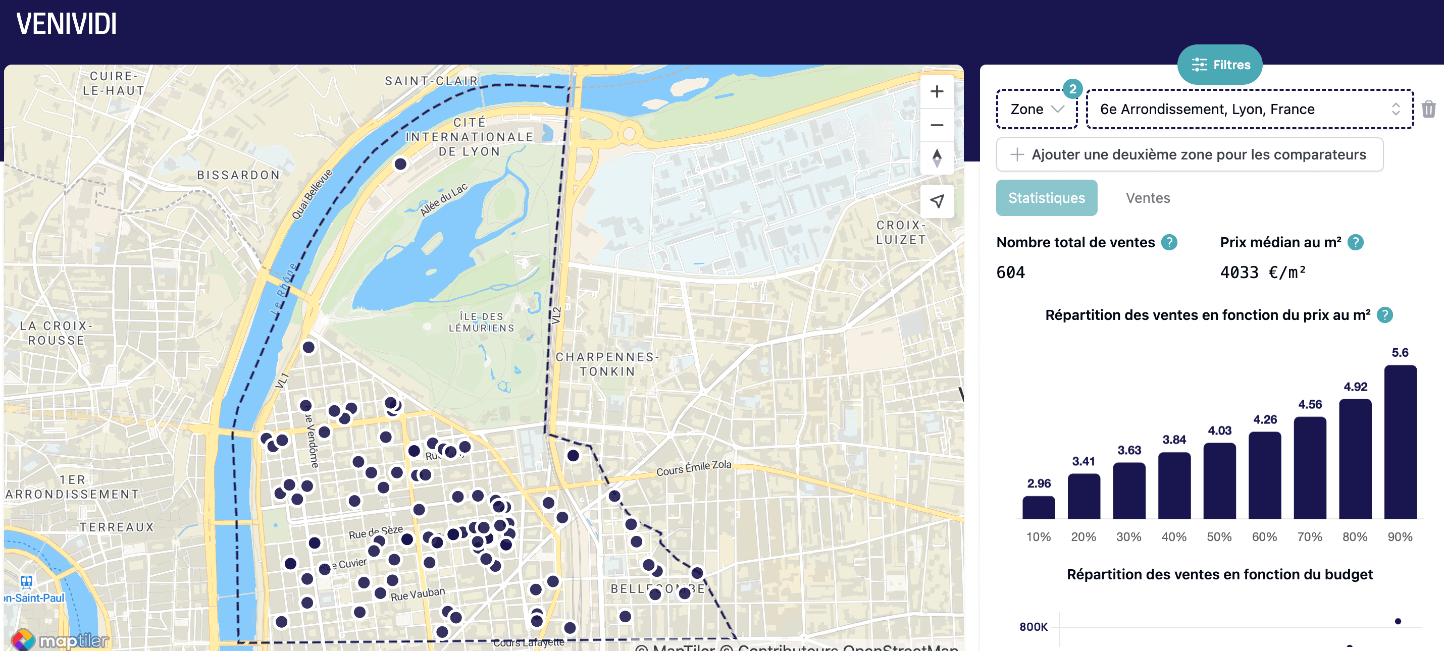 6ème arrondissement de Lyon avec certaines ventes d’appartements
représentées sur la carte VeniVidi